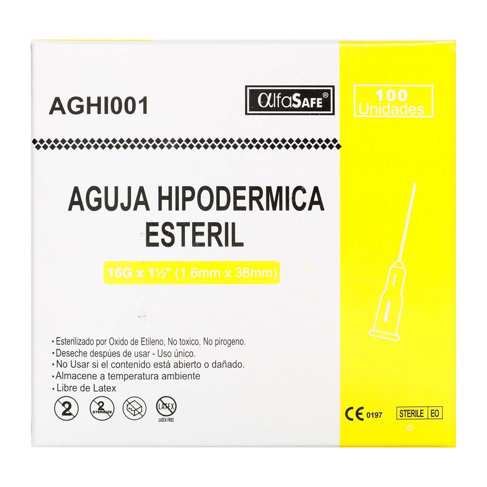 Aguja Hipodermica Alfa 16gx1 1/2 100 Unidades